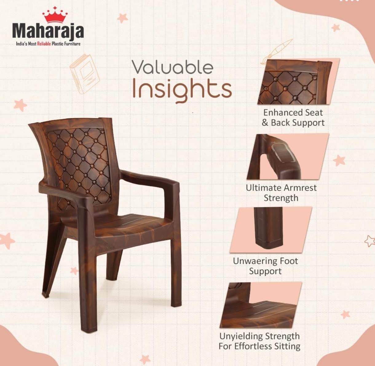 MAHARAJA Plastic Chair Set, Chair for Home, Living Room Bearing Capacity Upto 200Kg | Matte Finish | Strong and Sturdy Structure | Plastic Chair with Arm Rest. (Teakwood)