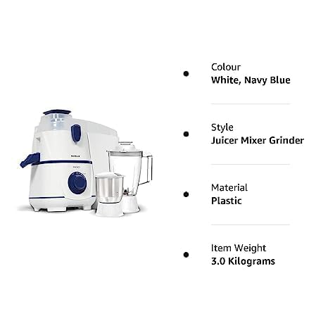 Havells Rigo Juicer Mixer Grinder, 500 Watt, 2 Jars|1.75 polycarbonate jar|2L large pulp container|foldable juicing spout|food pusher|stainless steel Sieve and Blades (White and Blue)