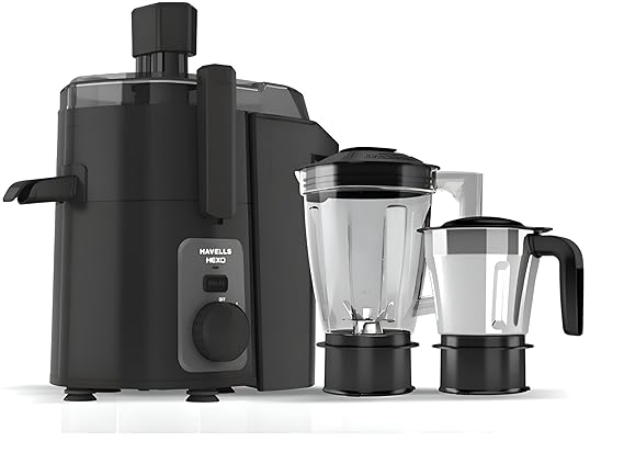 Havells Hexo 950 Watt Juicer Mixer Grinder | Copper Motor with Double Ball Bearing | 2 Jars (Polycarbonate & SS) | 22000 RPM | 100 Min Continuous Run | Metal Teeth Coupler | (Black & Silver)